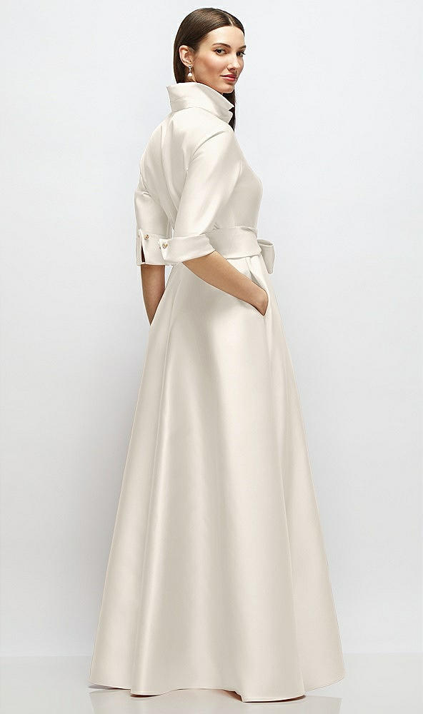 Back View - Ivory 3/4 Sleeve Satin Shirt Dress Gown with Sash and Jeweled Buttons
