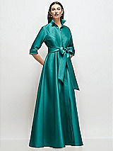 Front View Thumbnail - Jade 3/4 Sleeve Satin Shirt Dress Gown with Sash and Jeweled Buttons