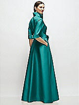 Rear View Thumbnail - Jade 3/4 Sleeve Satin Shirt Dress Gown with Sash and Jeweled Buttons