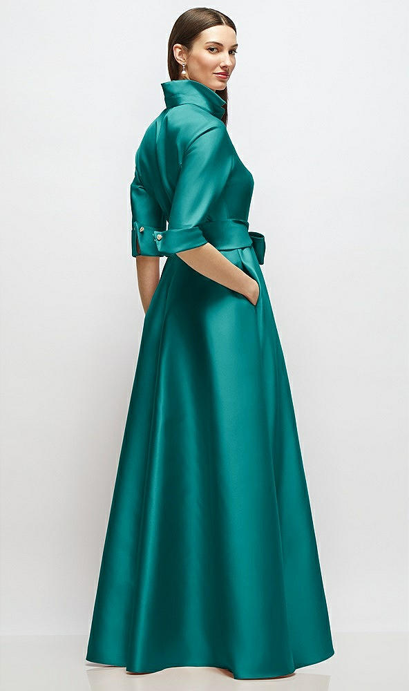 Back View - Jade 3/4 Sleeve Satin Shirt Dress Gown with Sash and Jeweled Buttons