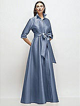 Front View Thumbnail - Larkspur Blue 3/4 Sleeve Satin Shirt Dress Gown with Sash and Jeweled Buttons
