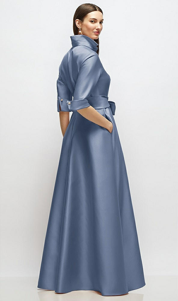Back View - Larkspur Blue 3/4 Sleeve Satin Shirt Dress Gown with Sash and Jeweled Buttons