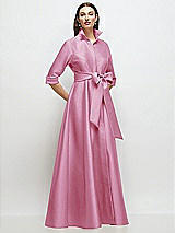 Front View Thumbnail - Powder Pink 3/4 Sleeve Satin Shirt Dress Gown with Sash and Jeweled Buttons