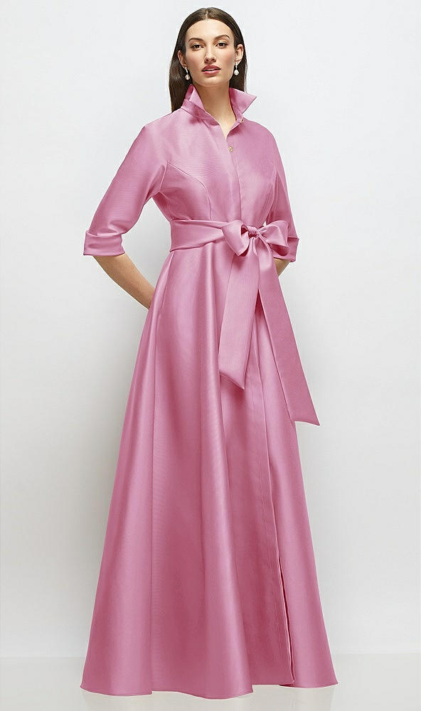 Front View - Powder Pink 3/4 Sleeve Satin Shirt Dress Gown with Sash and Jeweled Buttons