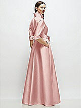 Rear View Thumbnail - Rose 3/4 Sleeve Satin Shirt Dress Gown with Sash and Jeweled Buttons