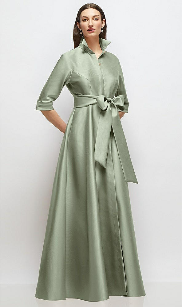 Front View - Sage 3/4 Sleeve Satin Shirt Dress Gown with Sash and Jeweled Buttons