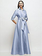 Front View Thumbnail - Sky Blue 3/4 Sleeve Satin Shirt Dress Gown with Sash and Jeweled Buttons