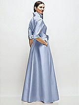 Rear View Thumbnail - Sky Blue 3/4 Sleeve Satin Shirt Dress Gown with Sash and Jeweled Buttons