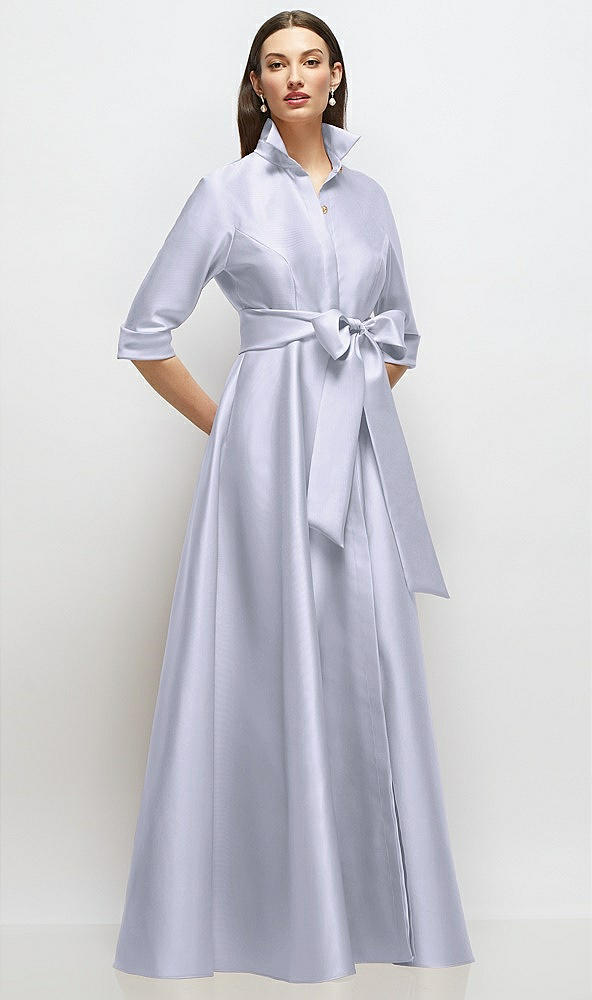 Front View - Silver Dove 3/4 Sleeve Satin Shirt Dress Gown with Sash and Jeweled Buttons