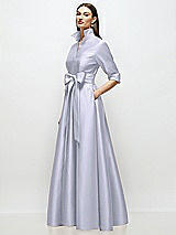 Side View Thumbnail - Silver Dove 3/4 Sleeve Satin Shirt Dress Gown with Sash and Jeweled Buttons