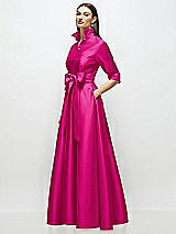 Side View Thumbnail - Think Pink 3/4 Sleeve Satin Shirt Dress Gown with Sash and Jeweled Buttons