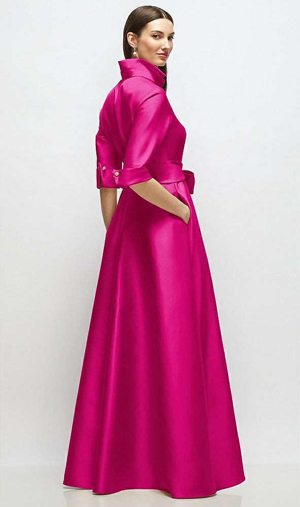Back View - Think Pink 3/4 Sleeve Satin Shirt Dress Gown with Sash and Jeweled Buttons