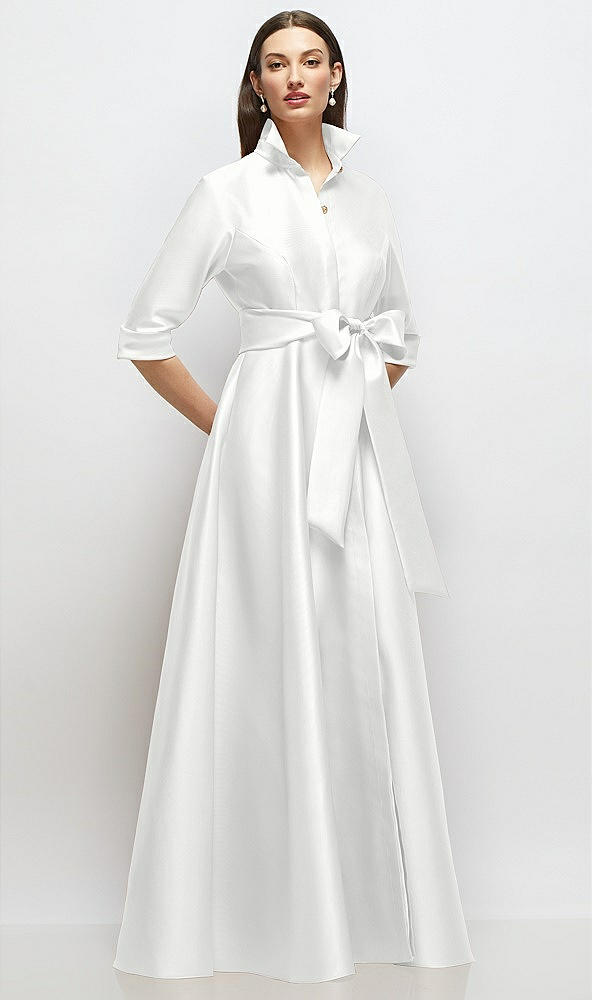 Front View - White 3/4 Sleeve Satin Shirt Dress Gown with Sash and Jeweled Buttons
