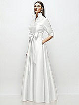 Side View Thumbnail - White 3/4 Sleeve Satin Shirt Dress Gown with Sash and Jeweled Buttons