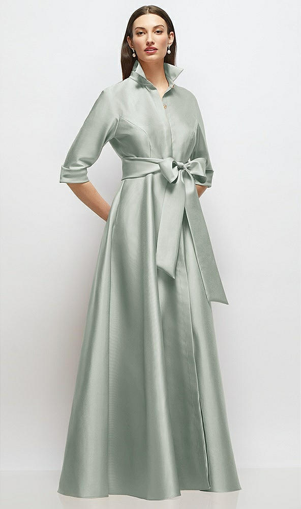 Front View - Willow Green 3/4 Sleeve Satin Shirt Dress Gown with Sash and Jeweled Buttons