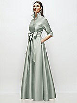 Side View Thumbnail - Willow Green 3/4 Sleeve Satin Shirt Dress Gown with Sash and Jeweled Buttons