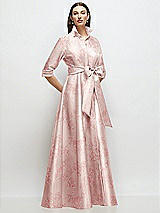 Front View Thumbnail - Bow And Blossom Print 3/4 Sleeve Floral Satin Shirt Dress Gown with Sash and Jeweled Buttons