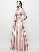 Side View Thumbnail - Bow And Blossom Print 3/4 Sleeve Floral Satin Shirt Dress Gown with Sash and Jeweled Buttons