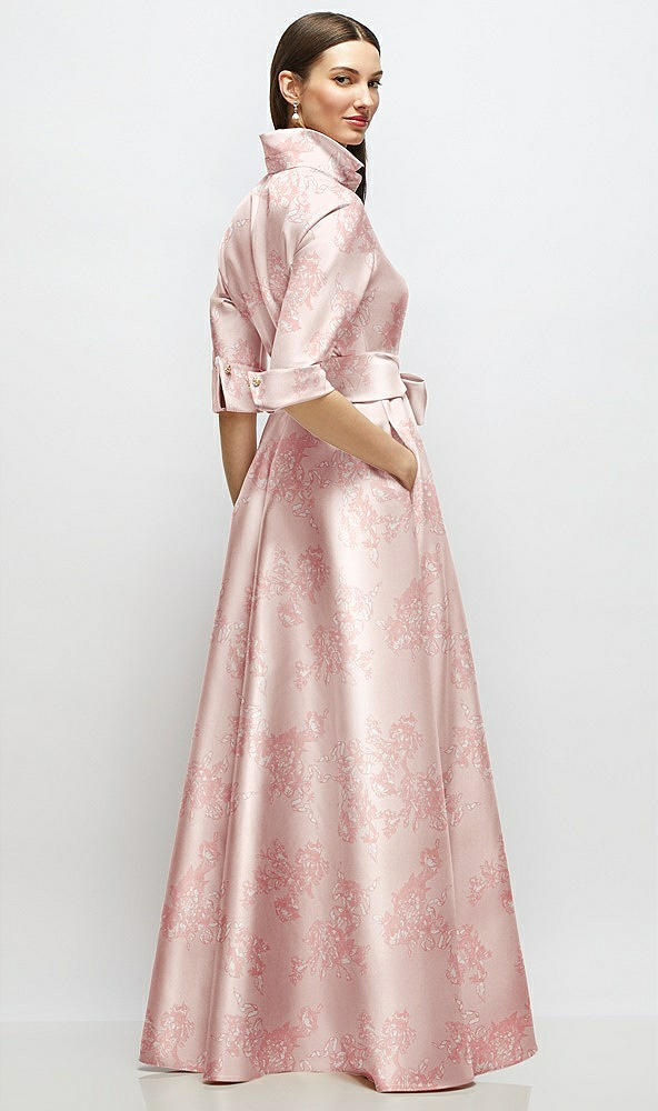 Back View - Bow And Blossom Print 3/4 Sleeve Floral Satin Shirt Dress Gown with Sash and Jeweled Buttons