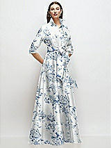 Front View Thumbnail - Cottage Rose Larkspur 3/4 Sleeve Floral Satin Shirt Dress Gown with Sash and Jeweled Buttons