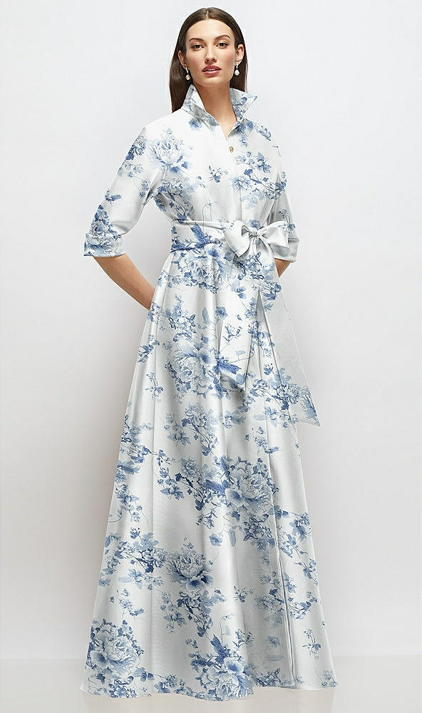 Front View - Cottage Rose Larkspur 3/4 Sleeve Floral Satin Shirt Dress Gown with Sash and Jeweled Buttons