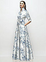 Side View Thumbnail - Cottage Rose Larkspur 3/4 Sleeve Floral Satin Shirt Dress Gown with Sash and Jeweled Buttons