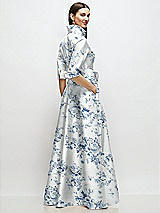 Rear View Thumbnail - Cottage Rose Larkspur 3/4 Sleeve Floral Satin Shirt Dress Gown with Sash and Jeweled Buttons
