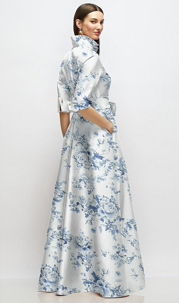 Back View - Cottage Rose Larkspur 3/4 Sleeve Floral Satin Shirt Dress Gown with Sash and Jeweled Buttons