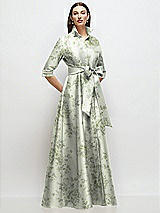 Front View Thumbnail - Sage Cottage Rose 3/4 Sleeve Floral Satin Shirt Dress Gown with Sash and Jeweled Buttons