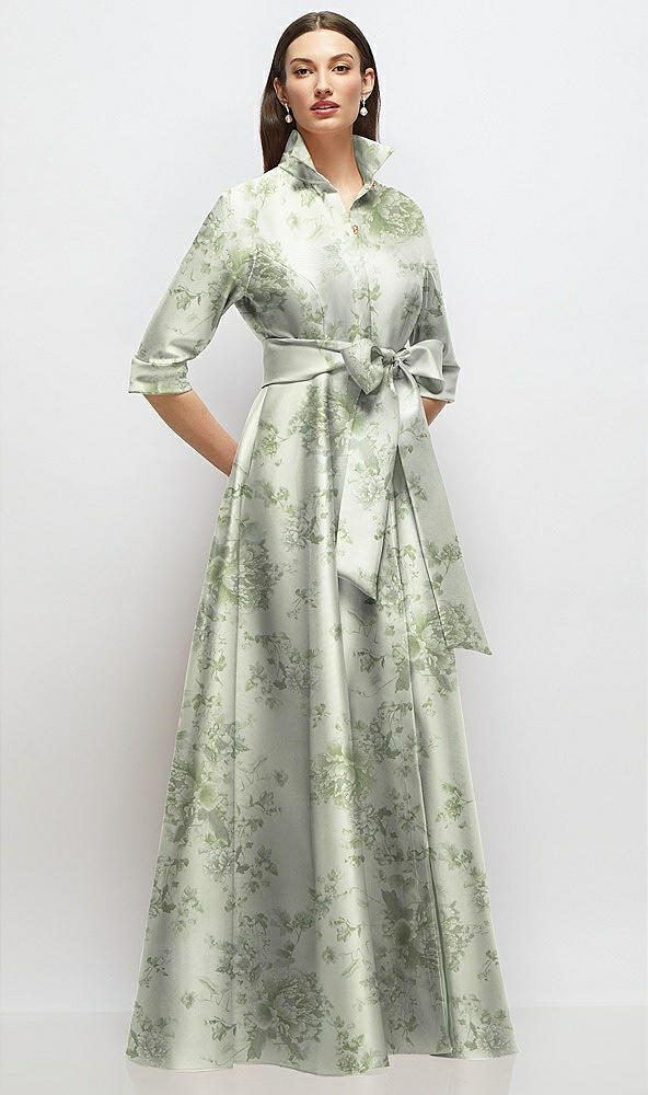 Front View - Sage Cottage Rose 3/4 Sleeve Floral Satin Shirt Dress Gown with Sash and Jeweled Buttons