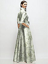 Rear View Thumbnail - Sage Cottage Rose 3/4 Sleeve Floral Satin Shirt Dress Gown with Sash and Jeweled Buttons