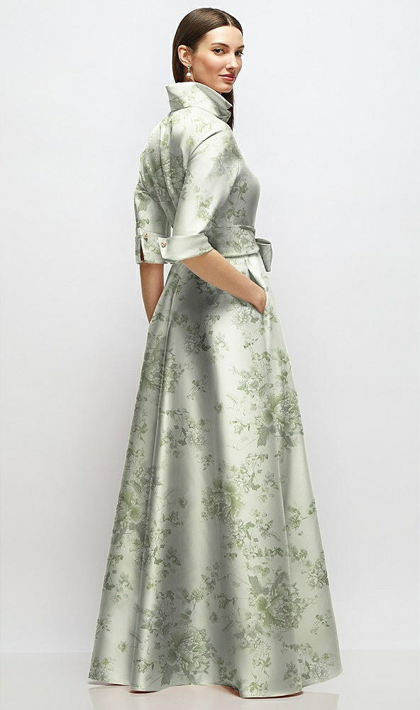 Back View - Sage Cottage Rose 3/4 Sleeve Floral Satin Shirt Dress Gown with Sash and Jeweled Buttons