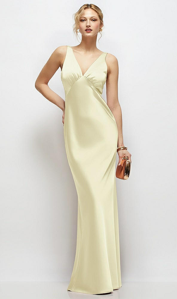Front View - Butter Yellow Sleeveless V-Neck Stretch Satin Bias Slip Maxi Dress