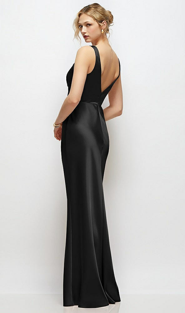 Back View - Black Sleeveless V-Neck Stretch Satin Bias Slip Maxi Dress