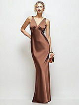 Front View Thumbnail - Cognac Sleeveless V-Neck Stretch Satin Bias Slip Maxi Dress