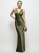 Front View Thumbnail - Olive Green Sleeveless V-Neck Stretch Satin Bias Slip Maxi Dress