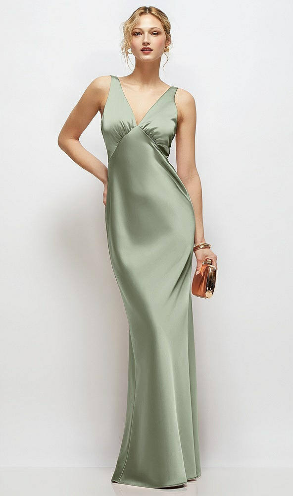 Front View - Sage Sleeveless V-Neck Stretch Satin Bias Slip Maxi Dress