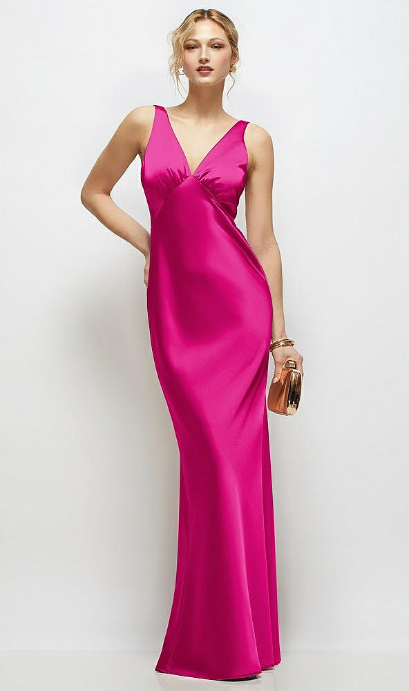 Front View - Think Pink Sleeveless V-Neck Stretch Satin Bias Slip Maxi Dress