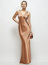 Front View Thumbnail - Toffee Sleeveless V-Neck Stretch Satin Bias Slip Maxi Dress
