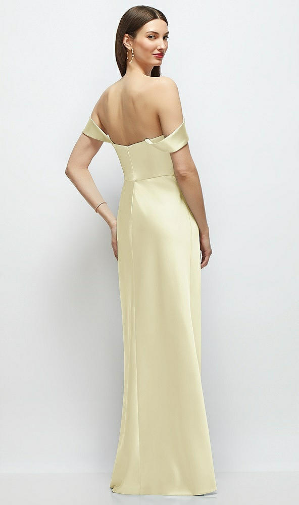 Back View - Butter Yellow Basque-Neck A-Line Stretch Satin Maxi Dress with Off-the-Shoulder Drape