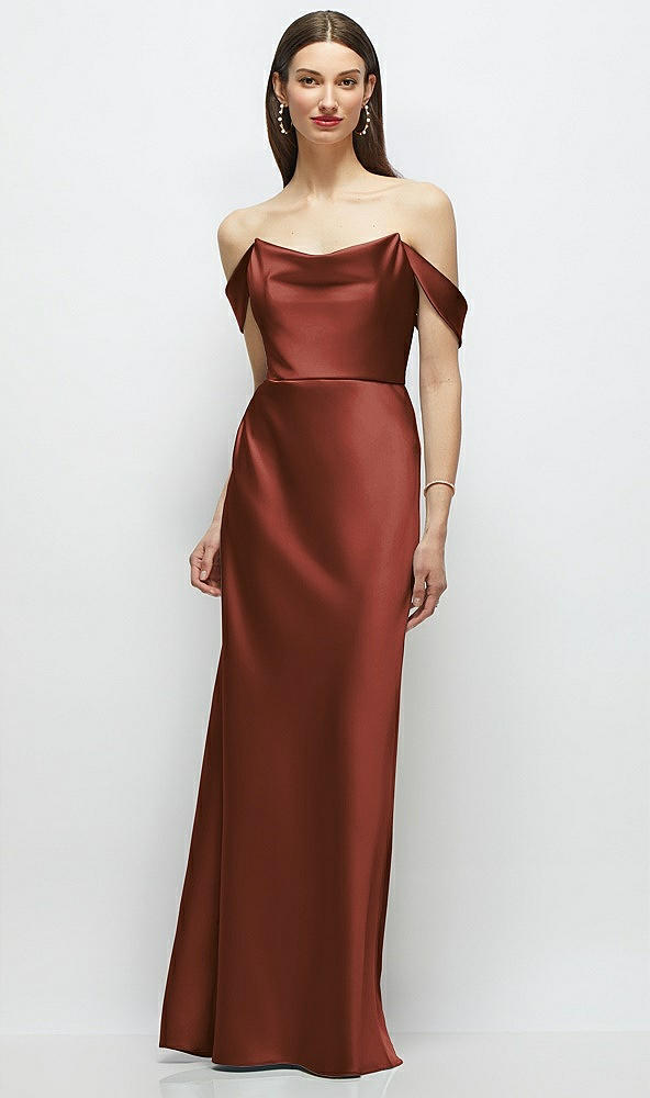 Front View - Auburn Moon Basque-Neck A-Line Stretch Satin Maxi Dress with Off-the-Shoulder Drape