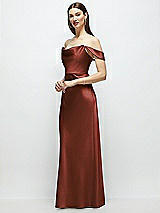 Side View Thumbnail - Auburn Moon Basque-Neck A-Line Stretch Satin Maxi Dress with Off-the-Shoulder Drape