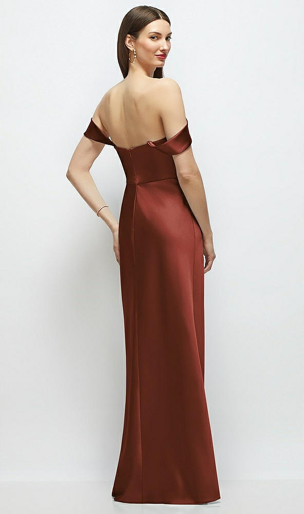 Back View - Auburn Moon Basque-Neck A-Line Stretch Satin Maxi Dress with Off-the-Shoulder Drape