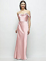 Front View Thumbnail - Ballet Pink Basque-Neck A-Line Stretch Satin Maxi Dress with Off-the-Shoulder Drape