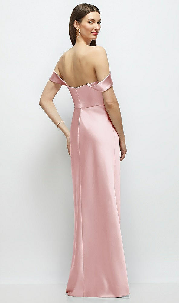 Back View - Ballet Pink Basque-Neck A-Line Stretch Satin Maxi Dress with Off-the-Shoulder Drape