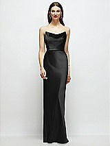 Alt View 1 Thumbnail - Black Basque-Neck A-Line Stretch Satin Maxi Dress with Off-the-Shoulder Drape