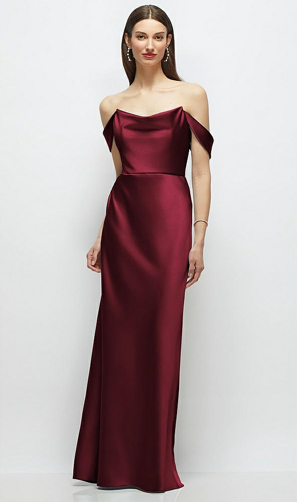 Front View - Cabernet Basque-Neck A-Line Stretch Satin Maxi Dress with Off-the-Shoulder Drape