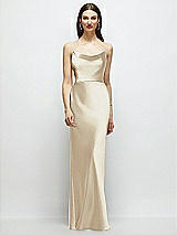 Alt View 1 Thumbnail - Champagne Basque-Neck A-Line Stretch Satin Maxi Dress with Off-the-Shoulder Drape