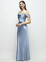Side View Thumbnail - Cloudy Basque-Neck A-Line Stretch Satin Maxi Dress with Off-the-Shoulder Drape