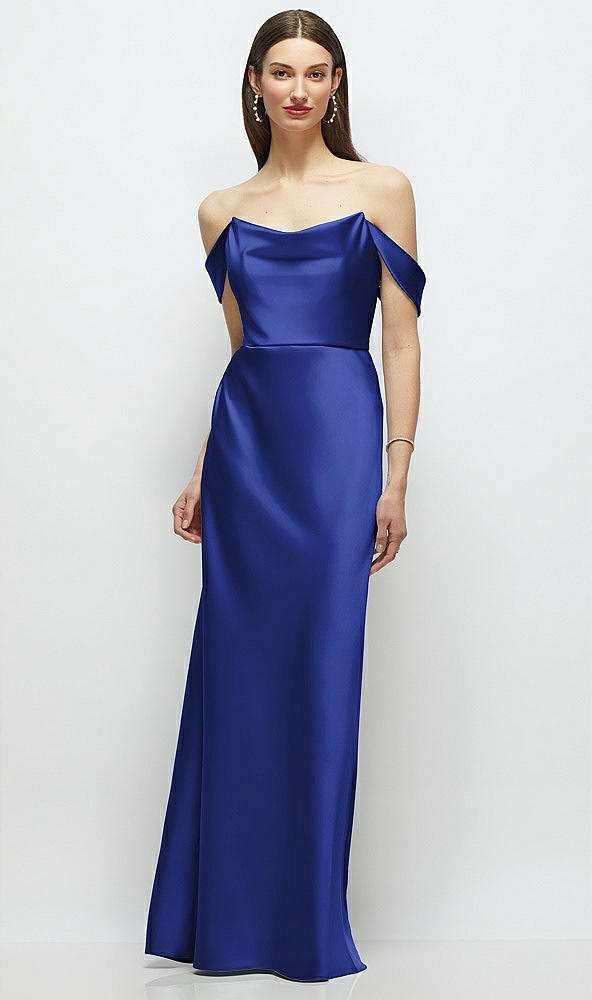 Front View - Cobalt Blue Basque-Neck A-Line Stretch Satin Maxi Dress with Off-the-Shoulder Drape